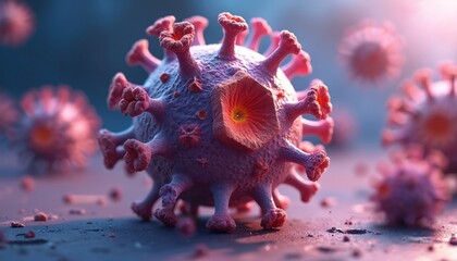 Microscopic view of virus particle causing illness. Red pathogen spikes detail, microscopic organism threat. Dangerous germ, infectious disease representation on dark surface. Medical research