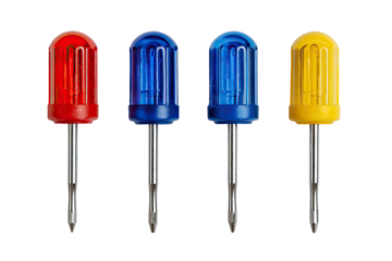 Four colorful miniature screwdrivers, red, blue, transparent/clear, and yellow.  Each has a pointed tip and a cylindrical handle with ribbed texture