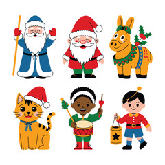 Fototapeta premium Christmas Character Vector Set with Santa Donkey Cat Diverse Children and Festive Outfits