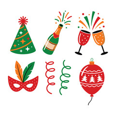 Obraz premium Celebration Vector Set with Party Hat Champagne Glasses Mask Streamers and Christmas Ornament