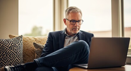 Man Working on Laptop on Couch Indoors