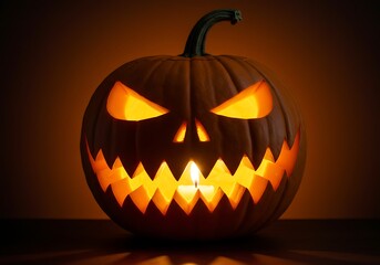 A menacing, glowing jack-o'-lantern with sharp teeth and triangular eyes, illuminated from within, against a dark background.