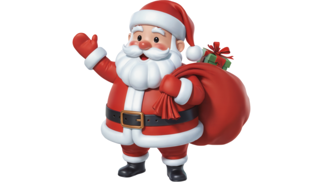 Cheerful cartoon santa claus character with a large red sack of presents waving hello isolated on transparent background