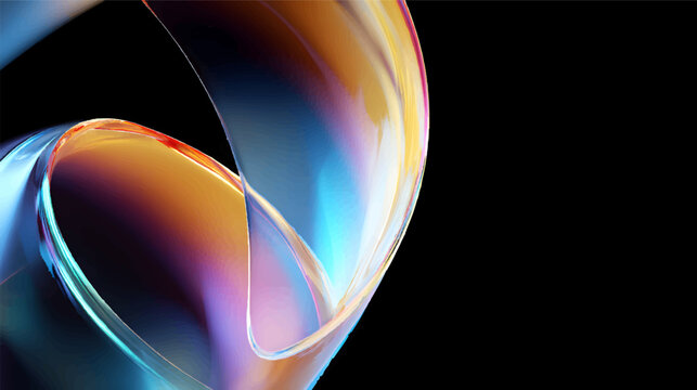 Abstract close-up of a colorful, reflective glass surface on black background.