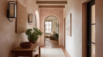 Long hallway with a wooden floor and white walls. the hallway has an archway in the center, which leads to another room with a large window on the right side.