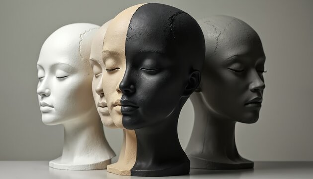Several mannequin heads represent unity. Faces diverse in color, tone, stand together. Diversity equity inclusion concept, addressing representation. Ideal for illustrating societal differences,