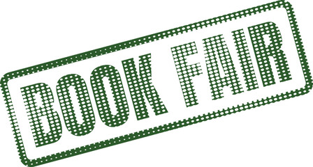 A green rectangular stamp with a dotted texture shows the words BOOK FAIR in block letters