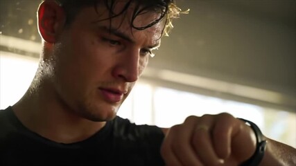 Close-up of a determined young man checking his fitness tracker during a strenuous workout session