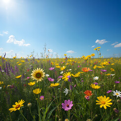 Vibrant wildflower meadow in full bloom under a clear blue sky with fluffy white clouds
