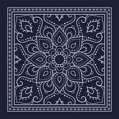Circular pattern in form of mandala with flower for Henna, Mehndi, decoration. Blue decorative ornament in ethnic oriental style for a bandana. Outline doodle hand draw vector illustration.