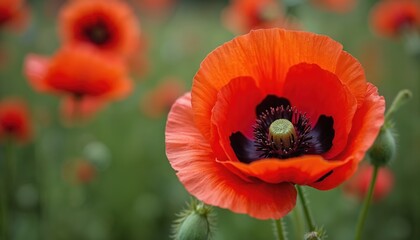 Close-up of vibrant red poppy flower blooming in green field. Delicate petals, dark center, green seed capsule stand out. Many red poppies blur in background, showing beautiful summer garden scene.