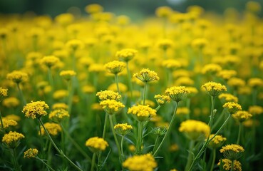 Obraz premium Field of tiny yellow flowers in bloom under soft light. Green stems rise from fertile ground. Bright floral plants create natural pattern. Summer season nature scene.