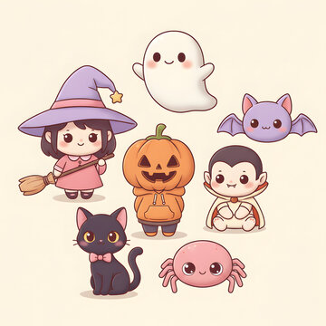 Cute Halloween Characters Set &mdash; Kawaii Witch, Ghost, Pumpkin, Vampire, Bat, Cat, Spider