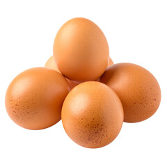 Group of brown chicken eggs arranged in a pyramid on transparent background