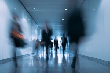 Corporate hallway with blurred silhouettes walking quickly, motion blur effect. Business concept. Fast paced environment. Job market, search and career opportunities. Tough competition.
