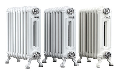 Fototapeta premium Three vintage-style radiators in white, light gray, and taupe, featuring ornate details and pedestal feet