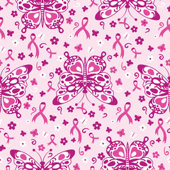 Butterflies and Pink Ribbons Breast Cancer Awareness Seamless Pattern