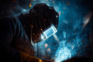 Welder at his job, sparks flying in dark workshop, cinematic detail, wearing protective gear. Industry work safety concept. Manual labor profession market.