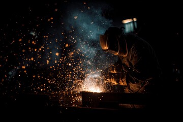 Welder at his job, sparks flying in dark workshop, cinematic detail, wearing protective gear. Industry work safety concept. Manual labor profession market.