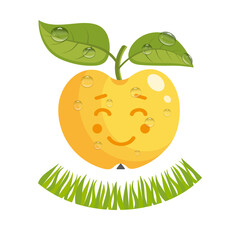 Logo. A ripe yellow apple on dew-drenched grass. The apple is smiling.