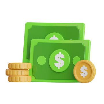 Stack Of Green Paper Money With Dollar Signs And Gold Coins Pile On Transparent Background