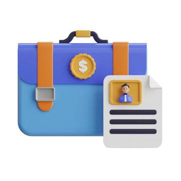 3D blue briefcase with orange straps and gold coin symbol next to resume document with man avatar in blue suit and tie on transparent background studio lighting
