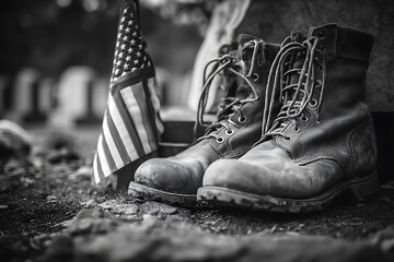 Remembering fallen heroes with American flag and combat boots, a somber tribute to military service and remembrance on Memorial Day or Veterans Day