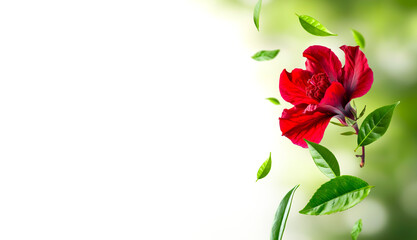 Karkade flower and tea leaves flying on natural background. ready to use sample for package design