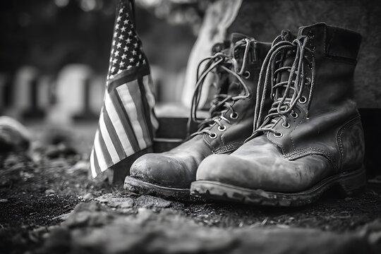 Remembering fallen heroes with American flag and combat boots, a somber tribute to military service and remembrance on Memorial Day or Veterans Day