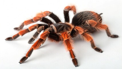 Mexican Fireleg Tarantula with vibrant orange-red legs, black furry body, and fine hair texture, isolated on a clean white studio background, realistic spider macro portrait, sharp focus, professional