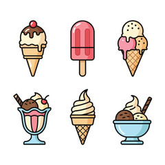 A vibrant collection of six different types of ice cream treats, including cones, a popsicle, and sundaes, presented in a clean, flat illustration style.