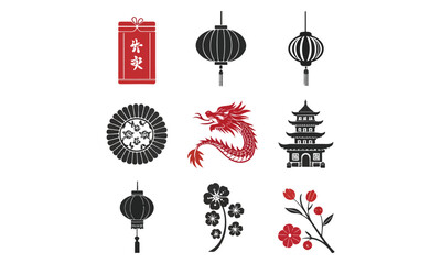 Naklejka premium Chinese New Year Icon Set – Dragon, Lanterns, Pagoda, Red Envelope SVG PNG