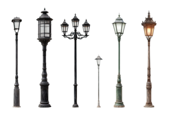 Vintage street lamps in various styles.  Different sizes and designs, some with ornate details.  Isolated on black background