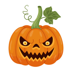 Halloween pumpkin, Jack o' lantern. Hand drawn trendy flat style. Perfect for Halloween party invitation, greeting card, banner, stickers, poster. Spooky Jack. Vector illustration