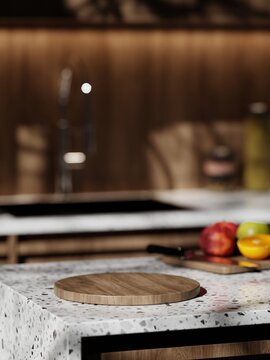 3D wooden pedestal on kitchen counter for product presentation. 3D illustration. 