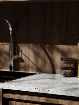3D empty kitchen counter for product presentation. 3D illustration. 