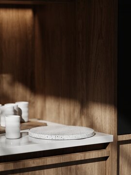 3D empty pedestal on kitchen counter for product presentation. 3D illustration. 