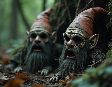 Scary gnomes in forest. Two dark garden dwarfs with evil faces are crawling near tree. Fairytale creatures living in deep woods. Fear and mystic horrors concept. Halloween nightmare garden decoration.