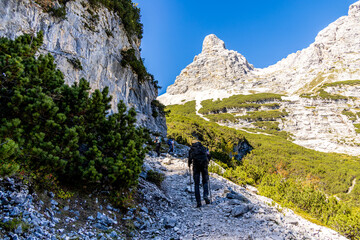 Fototapeta premium Bergwanderung durch die wunderschöne Bayrischen Alpen vor den Toren von Garmisch-Partnenkirchen hinauf zur Zugspitze - Bayern - Deutschland