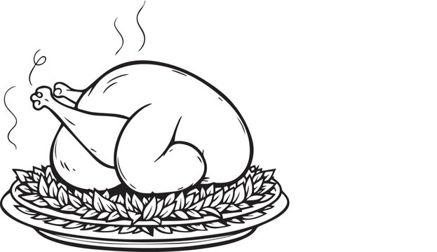 roasted turkey on plate, black and white clip art preview