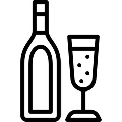 A Black Outline Icon of a Wine Bottle and a Champagne Glass Filled with Bubbles on a Transparent Background Representing Celebration and Drinks