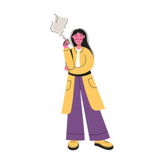 Stylized Flat Illustration Of A Woman In A Yellow Coat And Purple Pants Holding A White Fan Against A Transparent Background