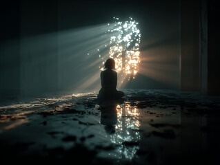 Obraz premium woman sits in lotus position in dark room with sunlight