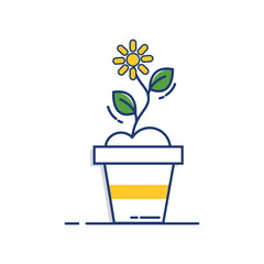 Stylized illustration of a blooming yellow flower in a white and yellow striped pot against a transparent background representing growth and nature with clean lines and vibrant colors