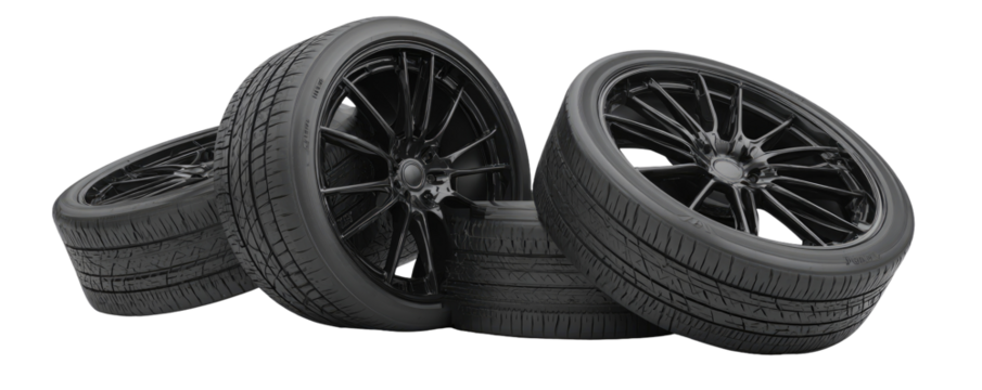 Stacked black tires and rims