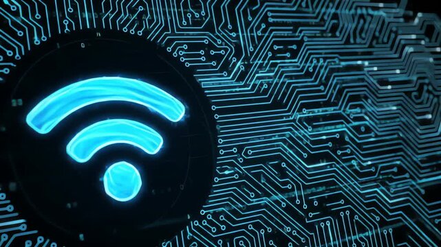 Dynamic digital illustration of a glowing Wi-Fi icon over circuit patterns, showing ubiquitous wireless internet access and network infrastructure