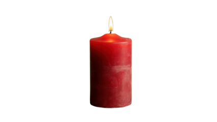 Single unlit red pillar candle with a white wick standing upright isolated on transparent background
