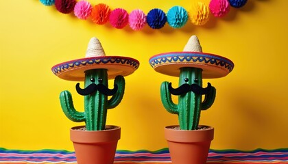 Two cheerful green cactuses wear sombreros, mustaches, googly eyes. Potted plants. Characters stand on vibrant yellow wall background. Colorful paper garlands decorate top. Striped textile on bottom.