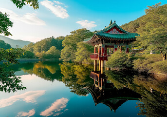Reflection of a traditional pagoda in a perfectly still lake framed by forest trees and clear blue sky an iconic serene travel moment trending editorial cinematic