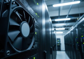 Closeup of a server rack fan in a data center, with rows of computer equipment and fluorescent lighting